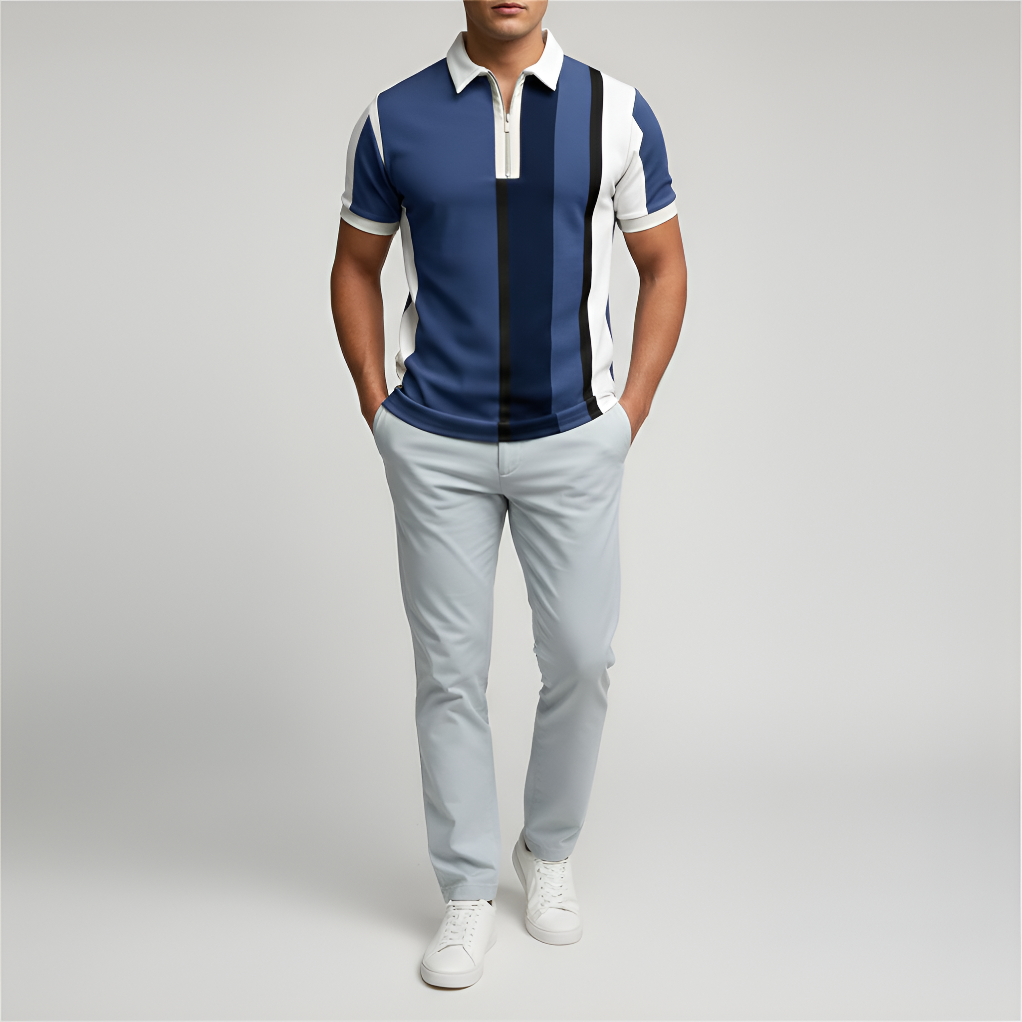 Pánske polokošeľa s krátkym rukávom a zipsom – priliehavá polokošeľa s pruhmi