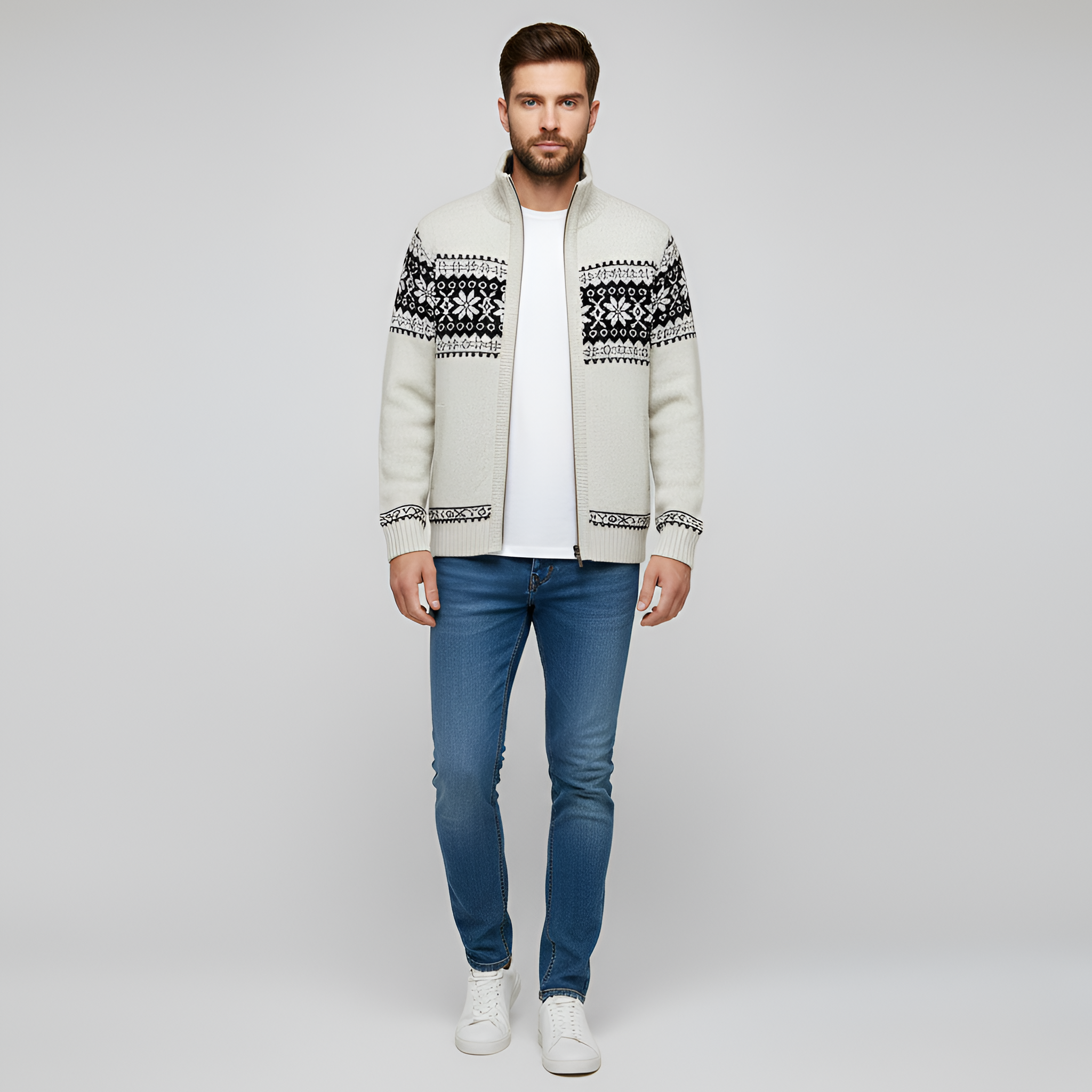 Cardigan tricotat pentru bărbați Bellivaro cu fermoar, din amestec de lână și model nordic