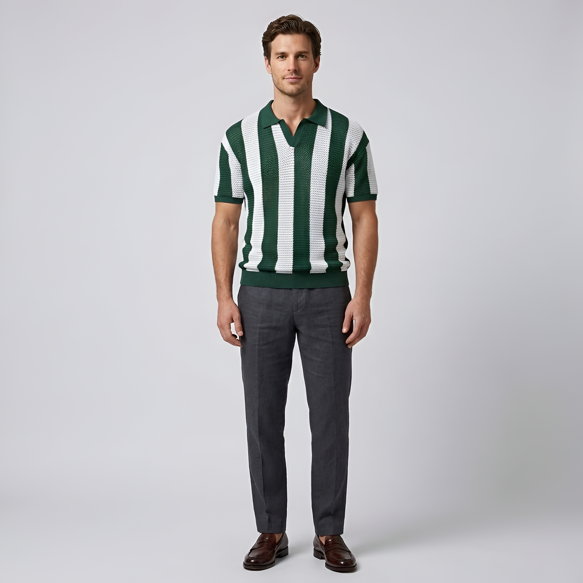 Tricou polo bărbați cu dungi, mânecă scurtă, croială lejeră, pulover polo