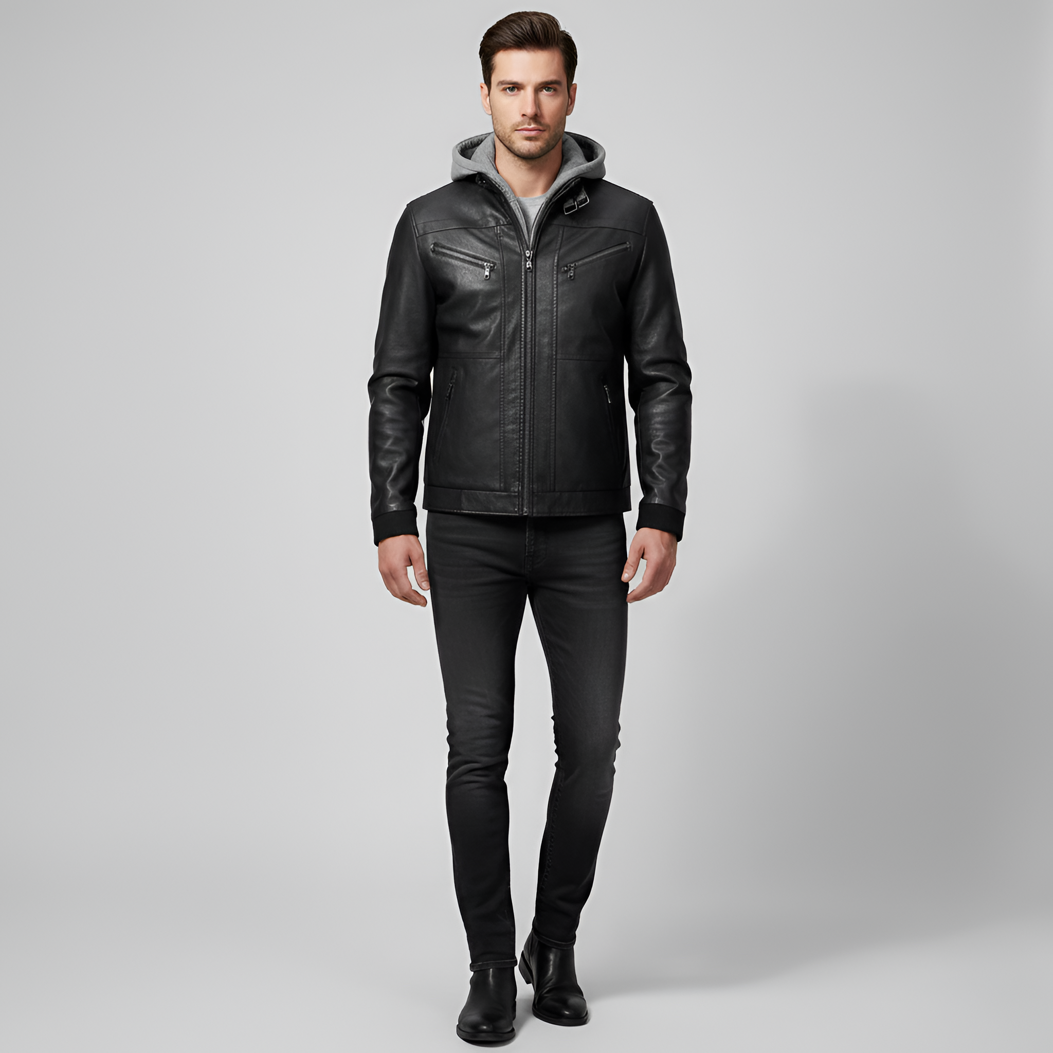 Chaqueta de cuero para hombre Bellivaro con capucha, chaqueta biker forrada con cremallera
