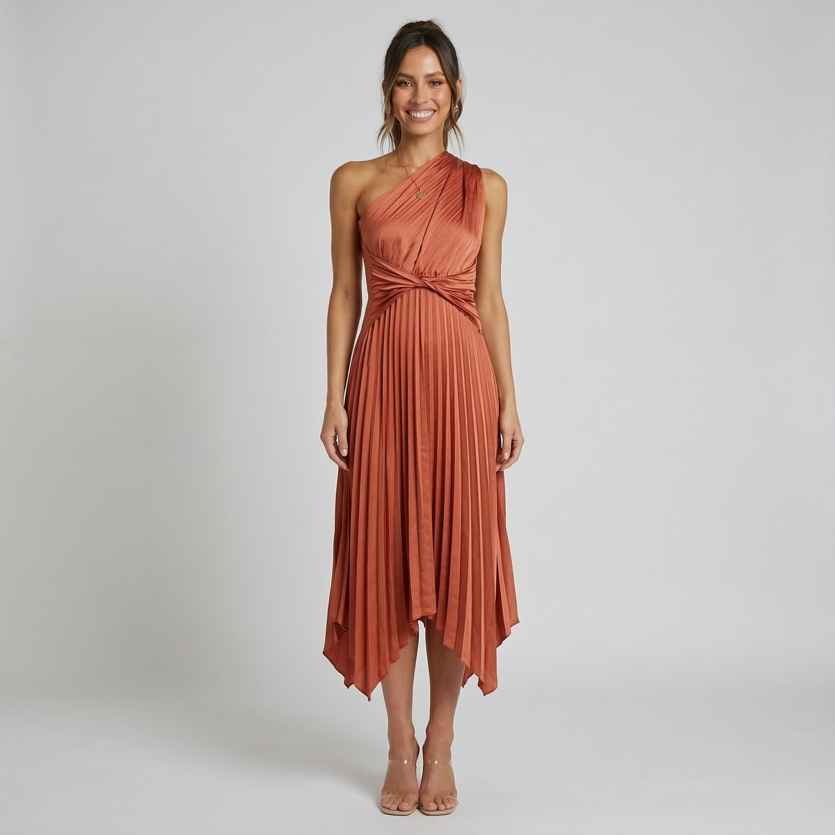 Women's One-Shoulder Midi Dress with Pleated Skirt, Asymmetrical Evening Party Dress