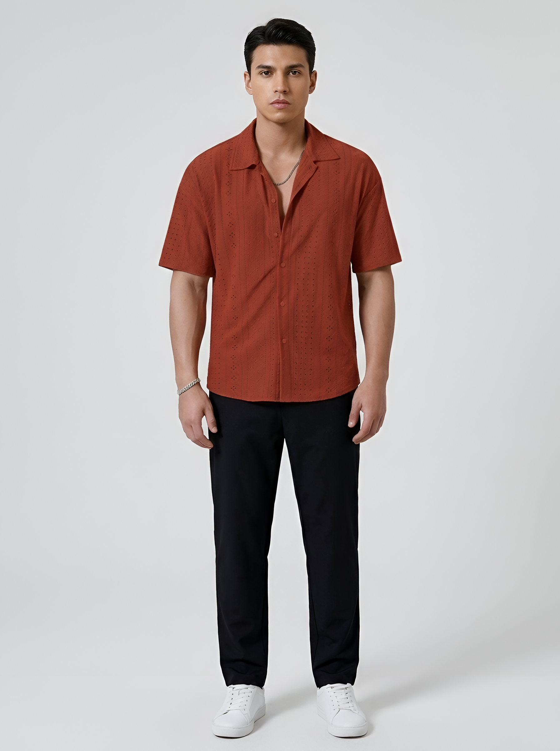 Men's Short-Sleeve Shirt with Eyelet Pattern and Button Closure, Summer Shirt
