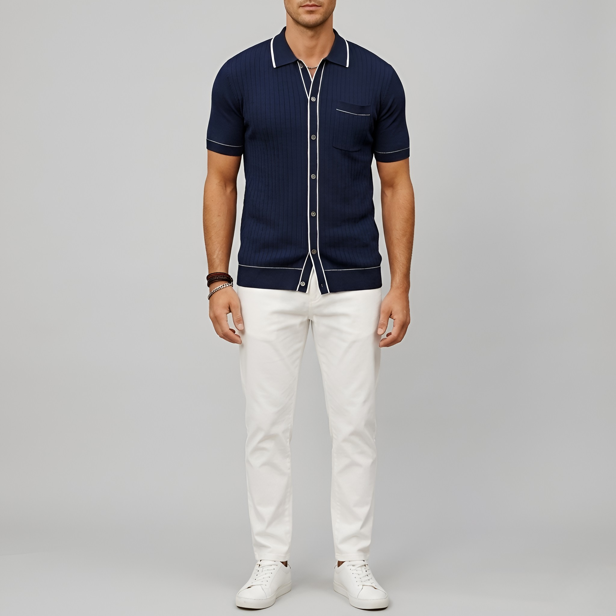 Tricou polo bărbătesc din bumbac reiat cu nasturi și guler de cămașă, mâneci scurte