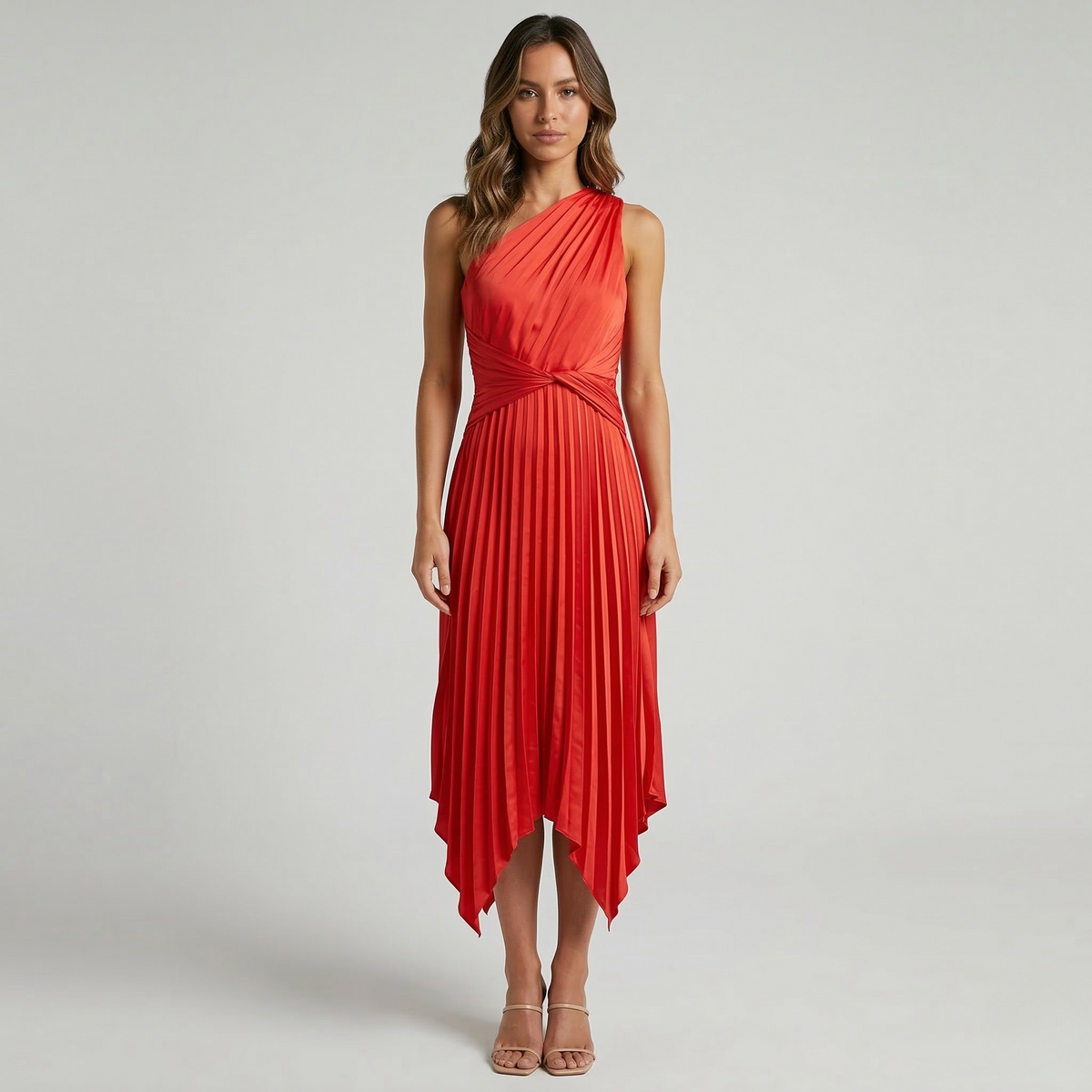 Women's One-Shoulder Midi Dress with Pleated Skirt, Asymmetrical Evening Party Dress
