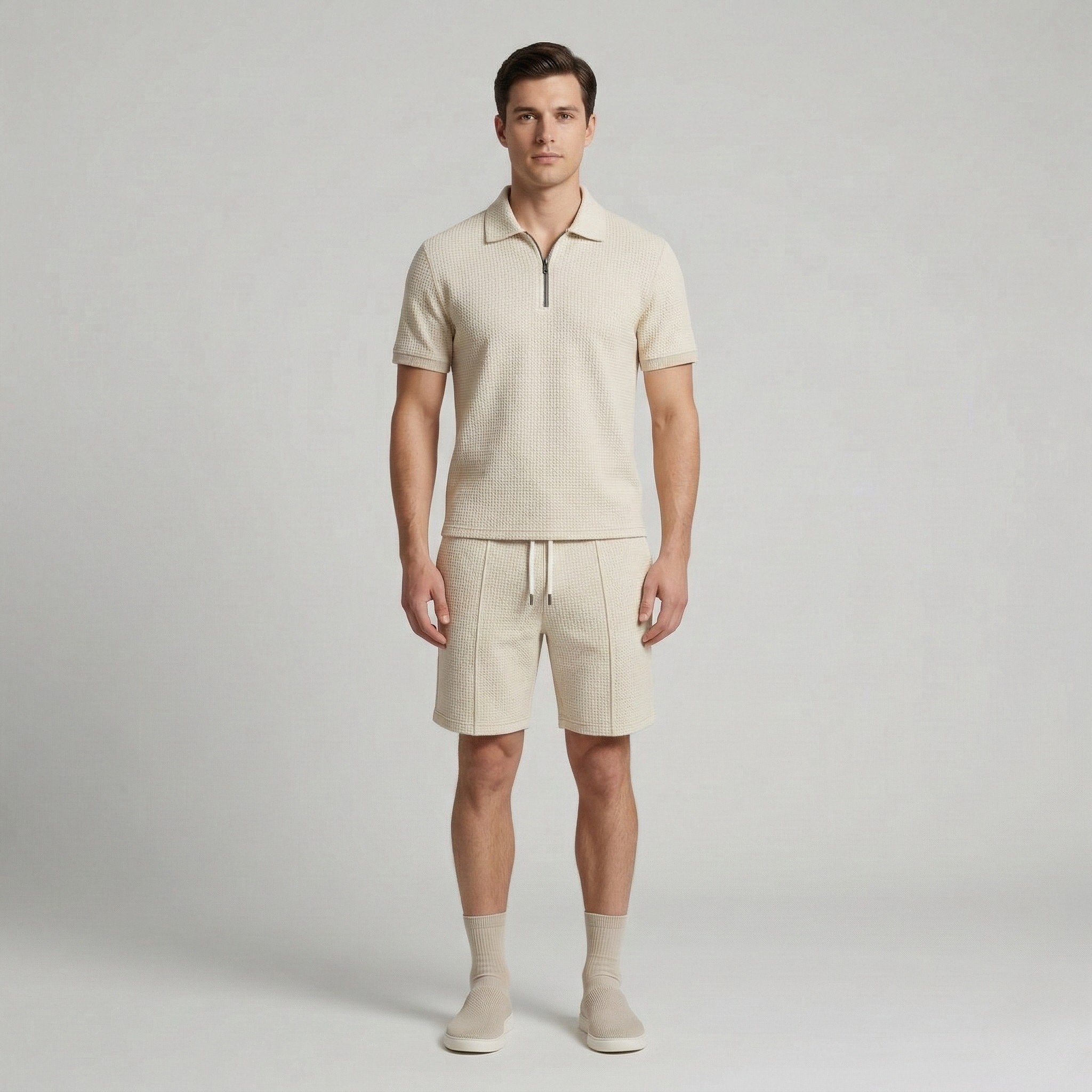 Pánska polokošeľa so štvrťovým zipsom a šortky so sťahovacou šnúrkou Dvojdielna súprava na voľný čas