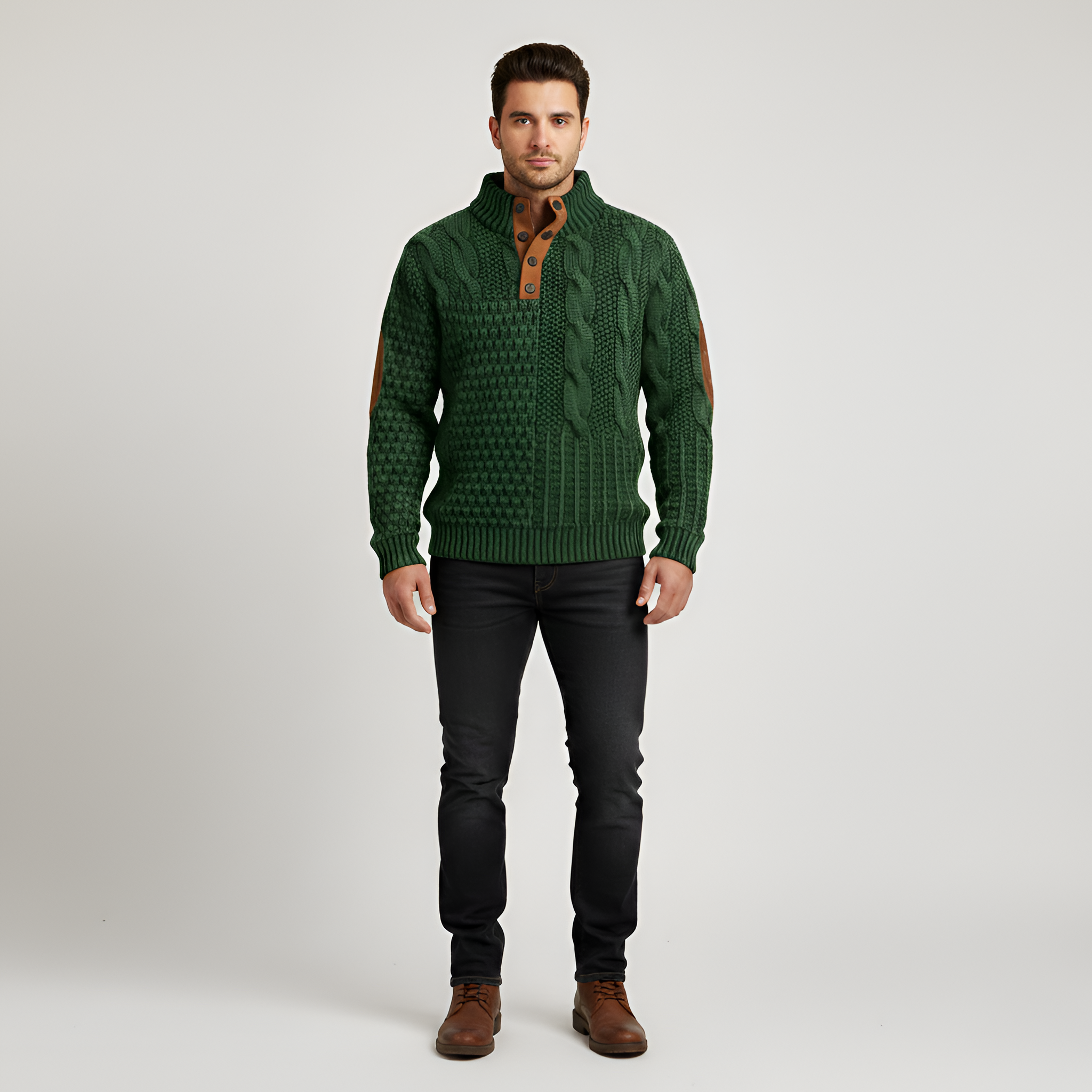 Bellivaro pánský svetr z vlny s knoflíkovým límcem, copánkový vzor, klasický střih