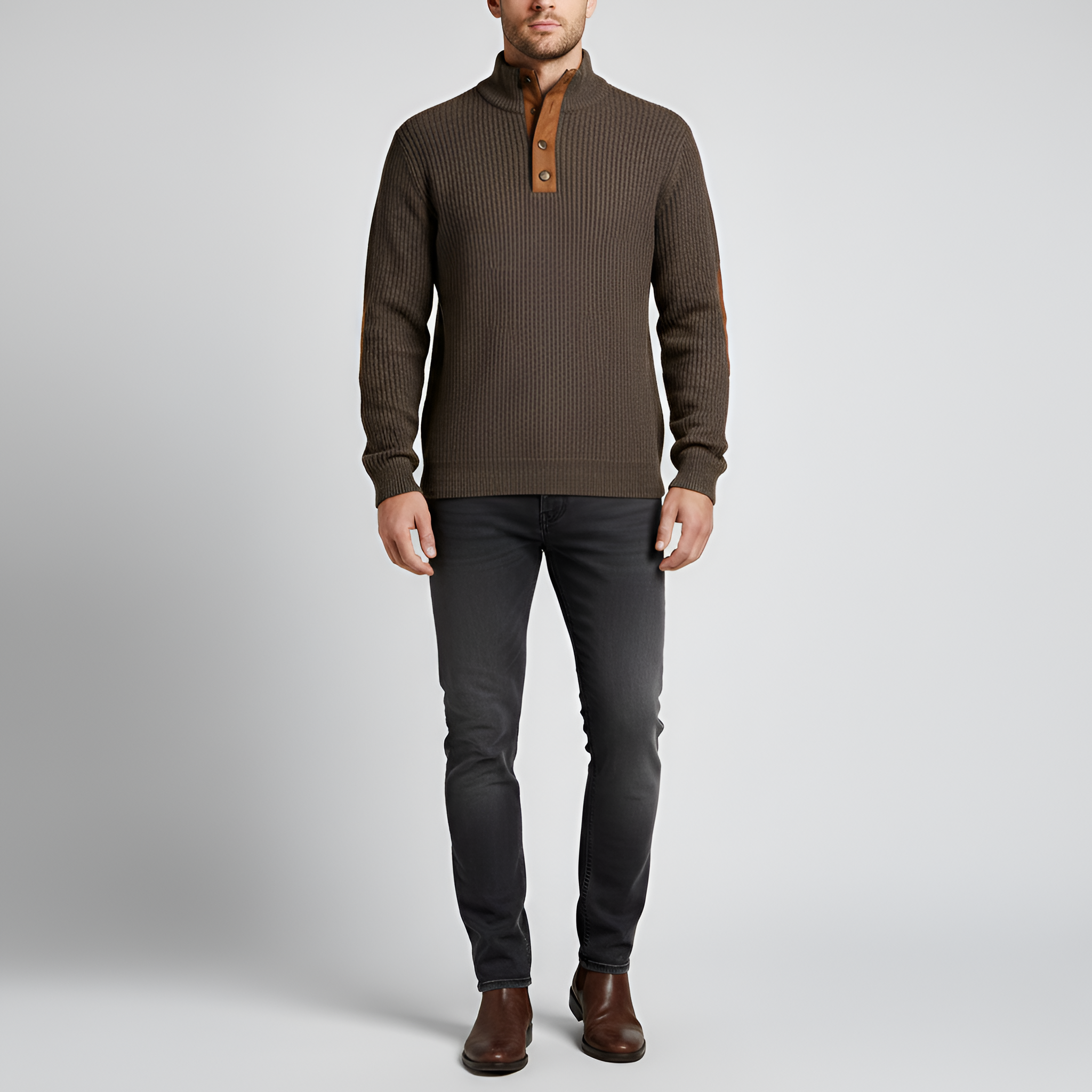 Bellivaro men's wool knit sweater with button collar rib knit classic fit