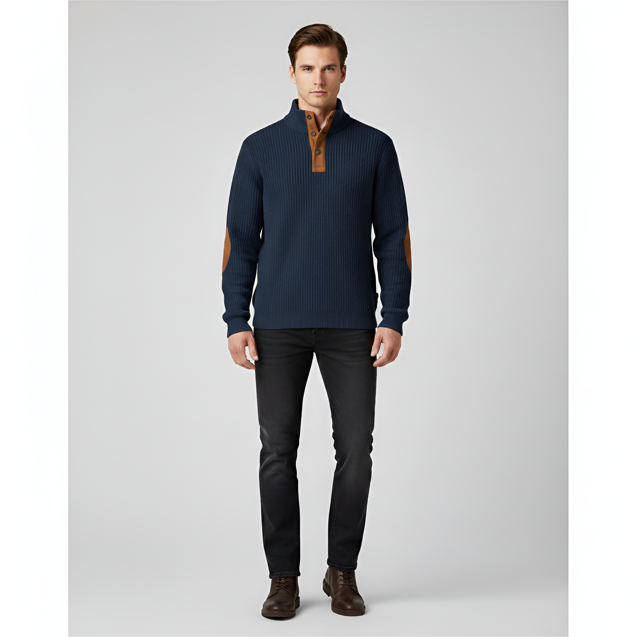 Bellivaro men's wool knit sweater with button collar rib knit classic fit