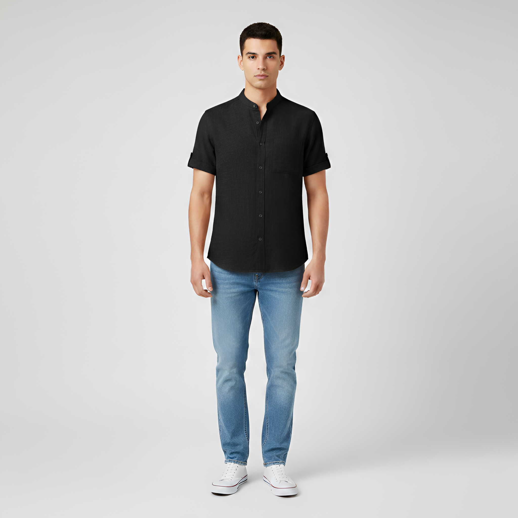 Camisa de lino para hombre de manga corta con botones y bolsillo en el pecho