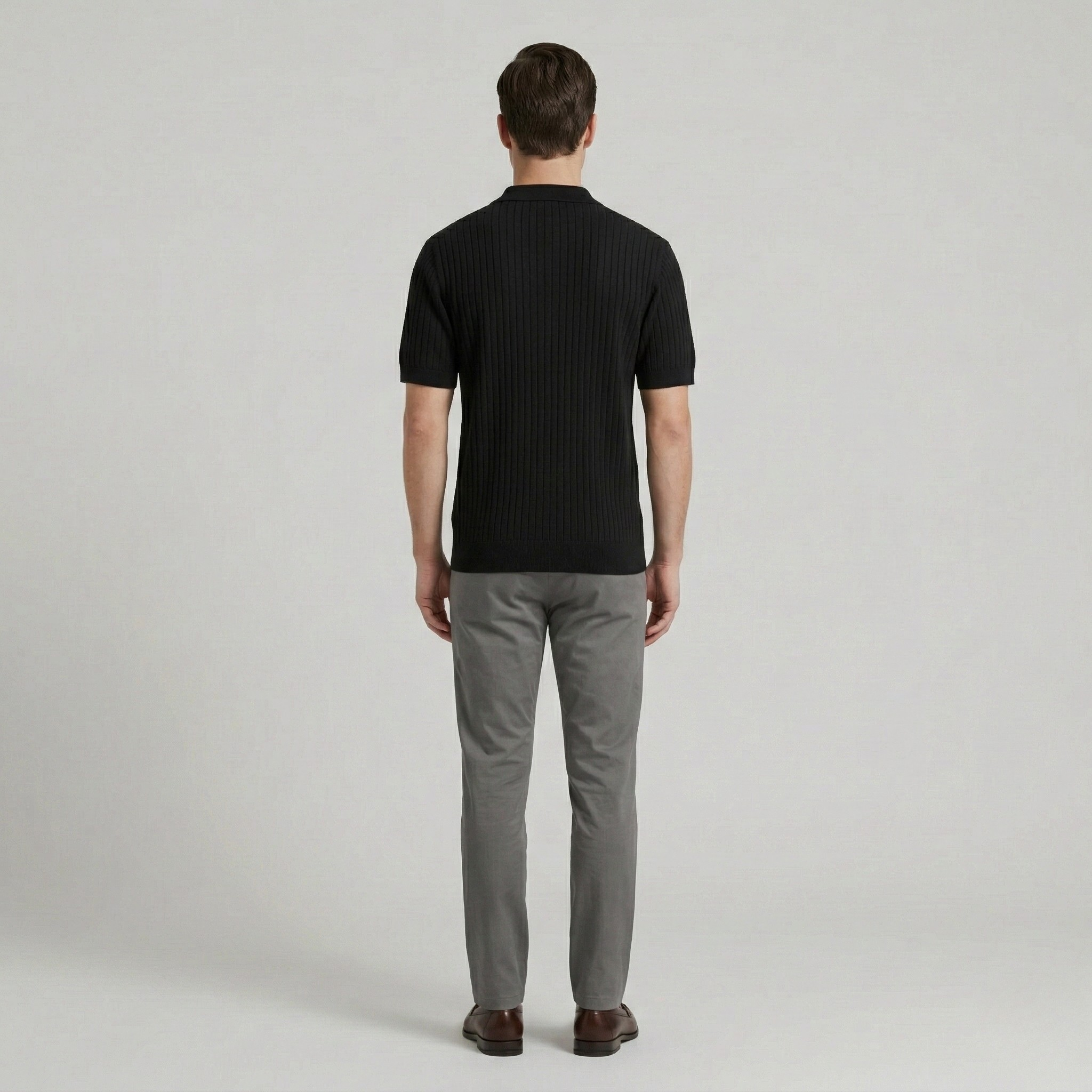 Pánské slim fit žebrované pletené polo tričko s krátkým rukávem, rychleschnoucí, s otevřeným výstřihem, golfový top