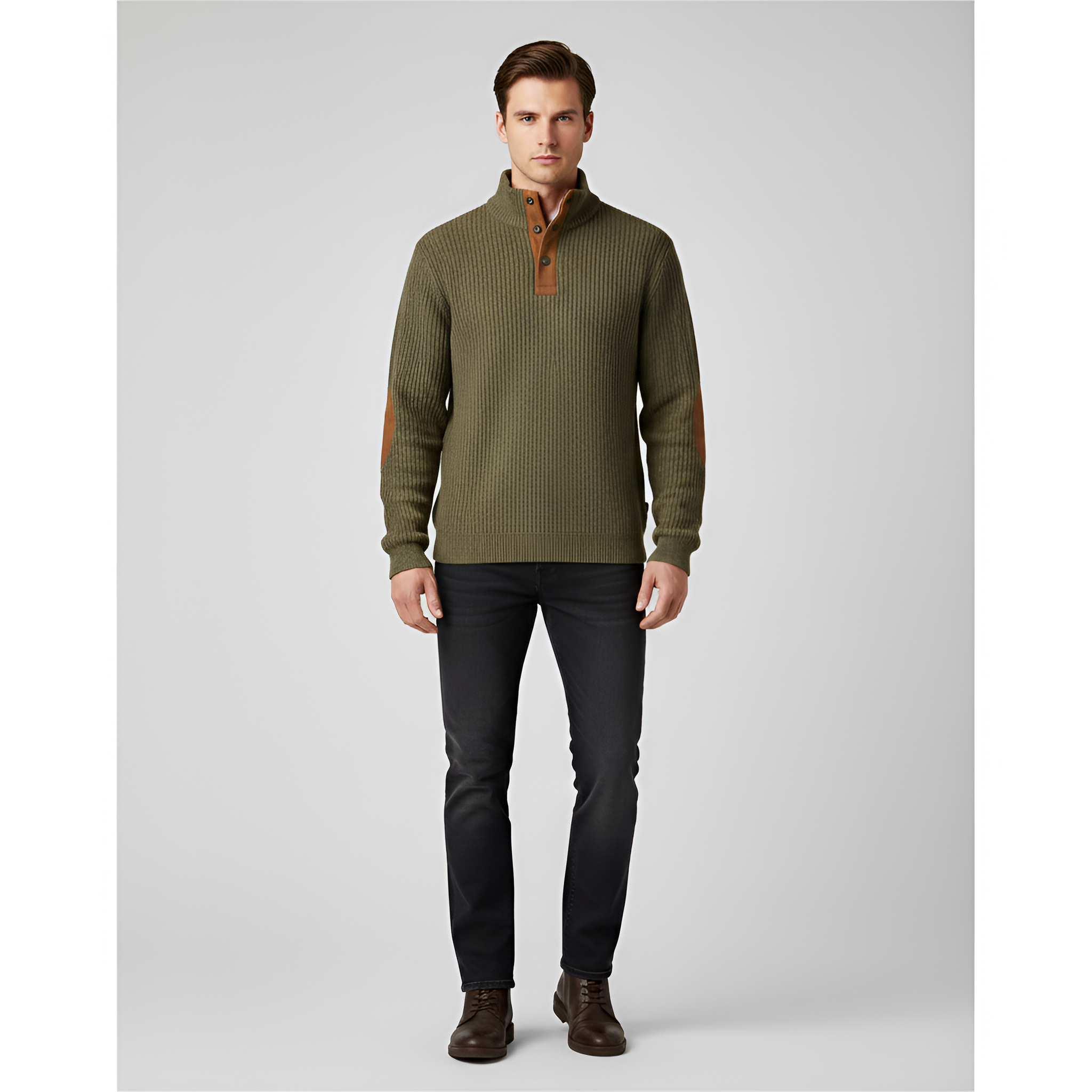 Bellivaro men's wool knit sweater with button collar rib knit classic fit