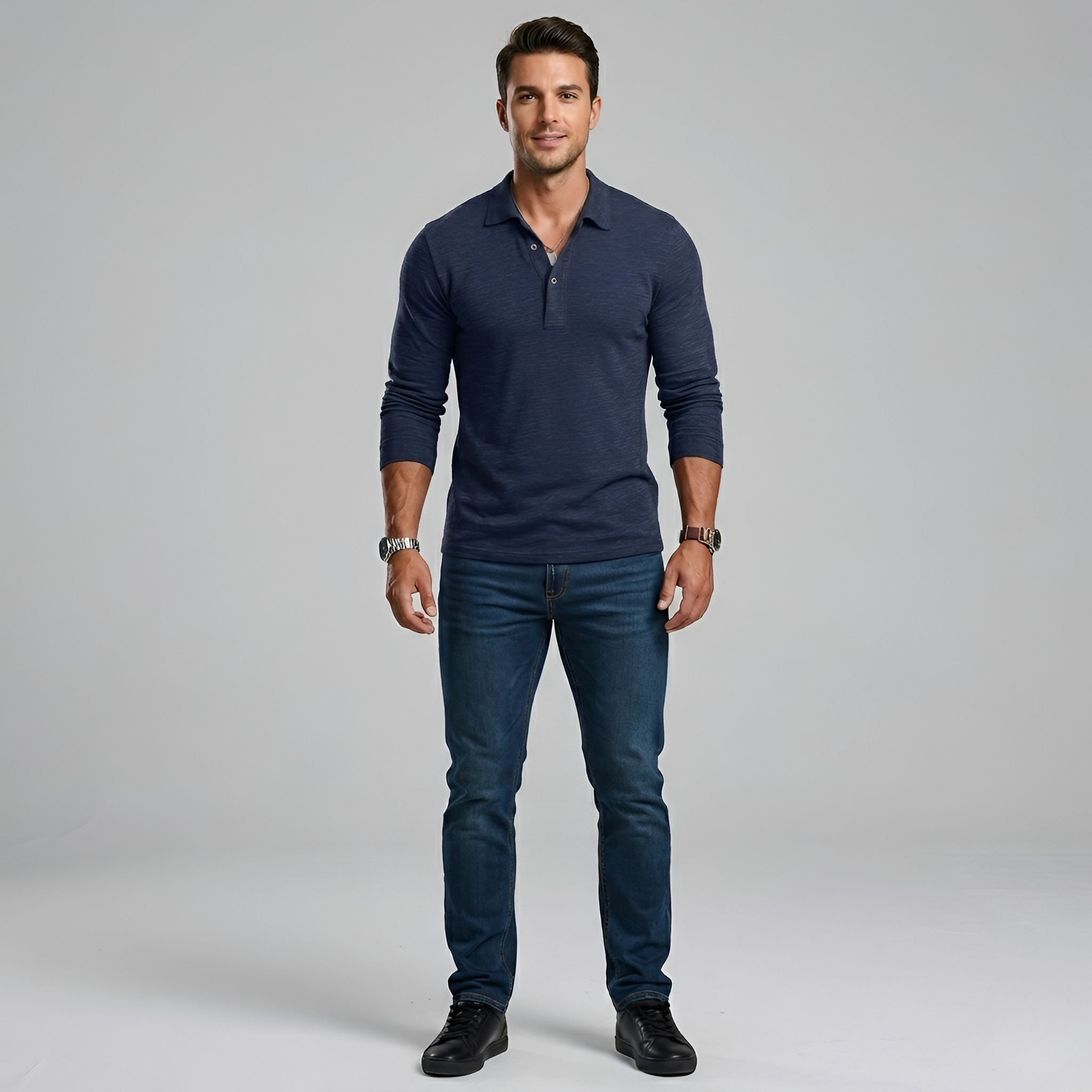 Pánske polo tričko s dlhým rukávom z bavlny s gombíkovým zapínaním, voľný strih polo pre mužov