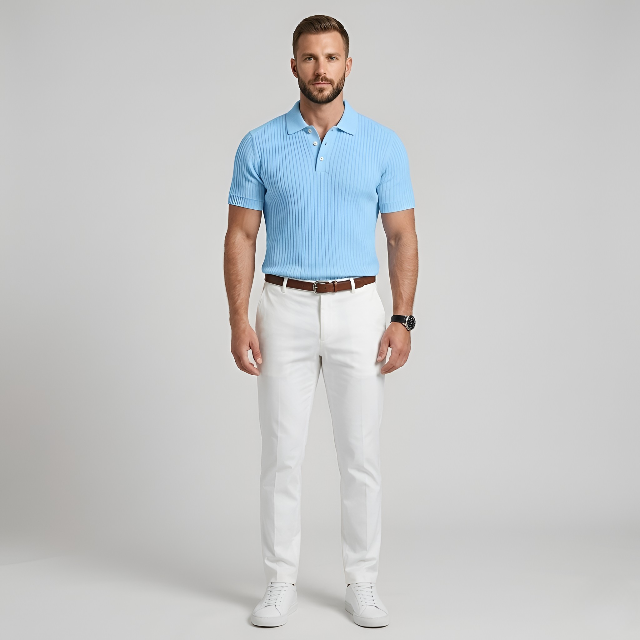 Pánske pletené polo z bavlny, krátky rukáv, rebrované polo tričko s golierom