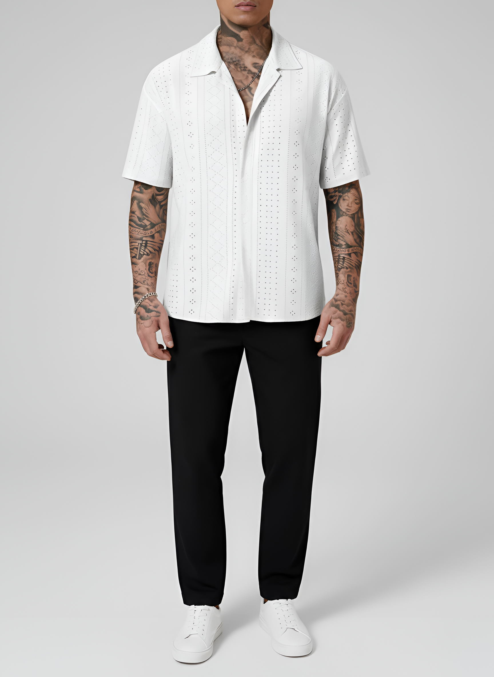 Men's Short-Sleeve Shirt with Eyelet Pattern and Button Closure, Summer Shirt