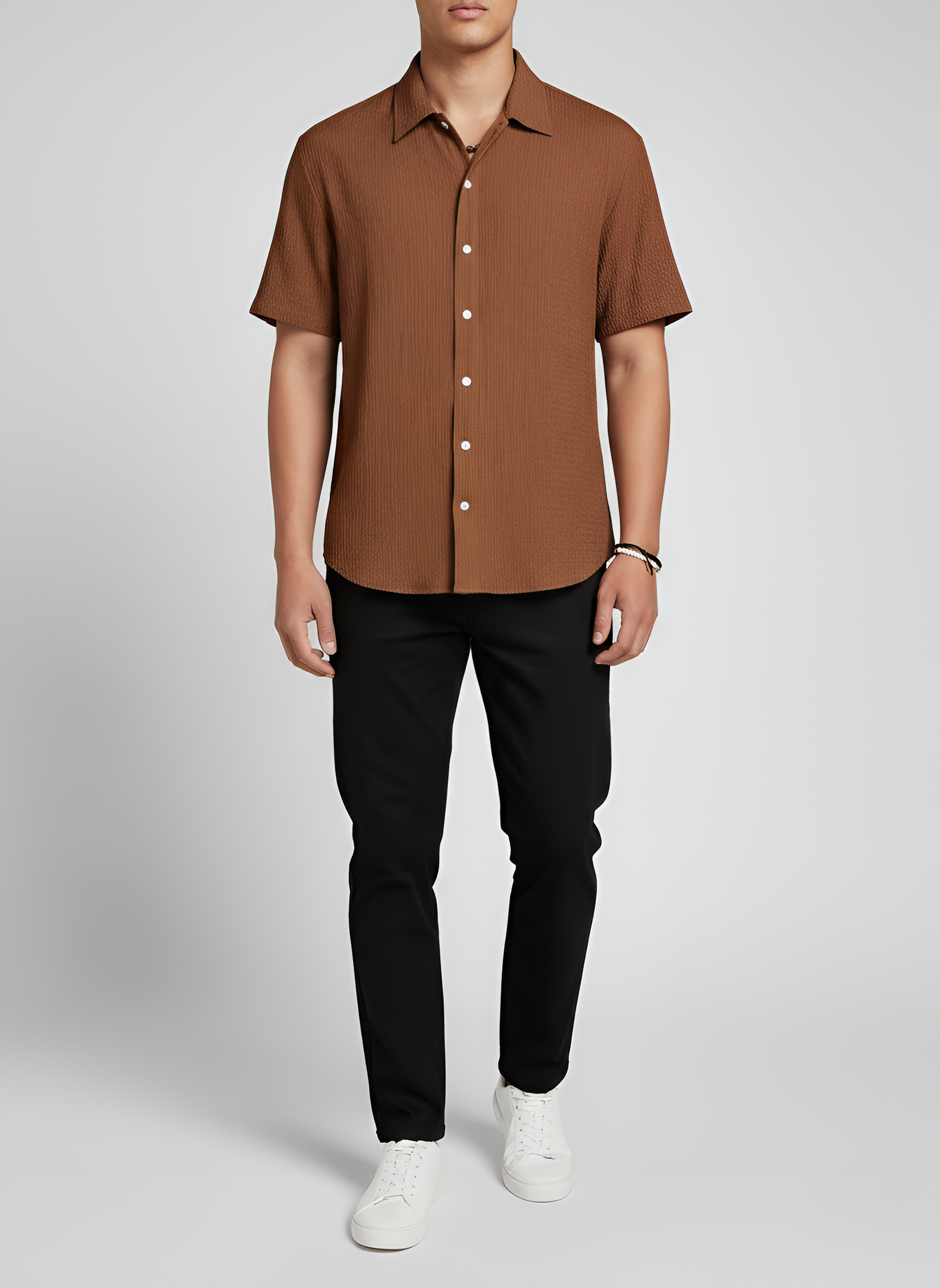 Men's Short-Sleeve Shirt with Eyelet Pattern and Button Closure, Summer Shirt