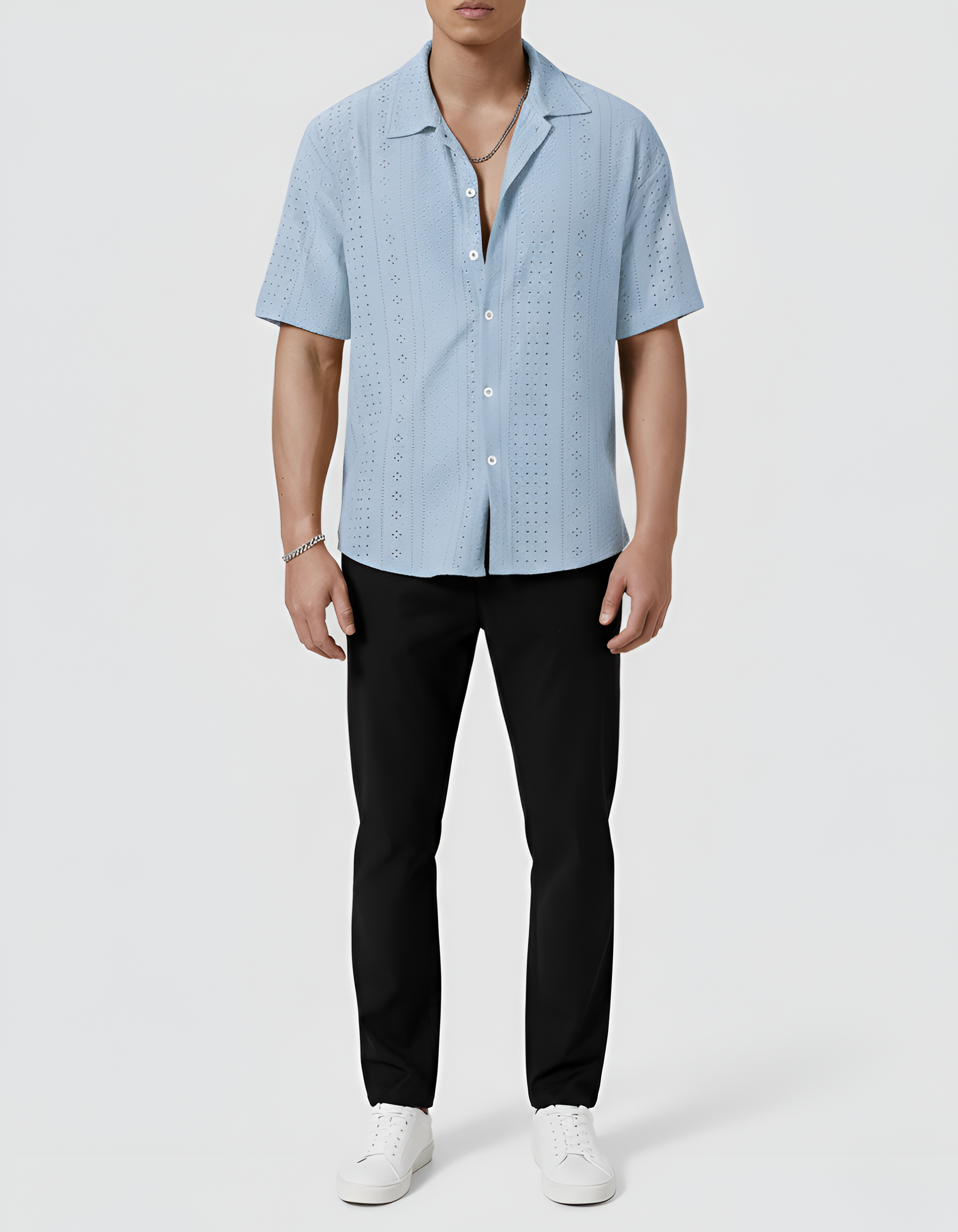 Men's Short-Sleeve Shirt with Eyelet Pattern and Button Closure, Summer Shirt
