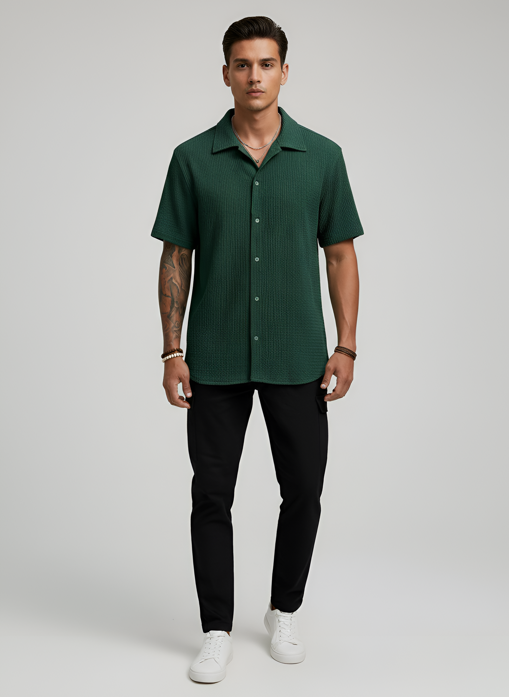Men's Short-Sleeve Shirt with Eyelet Pattern and Button Closure, Summer Shirt