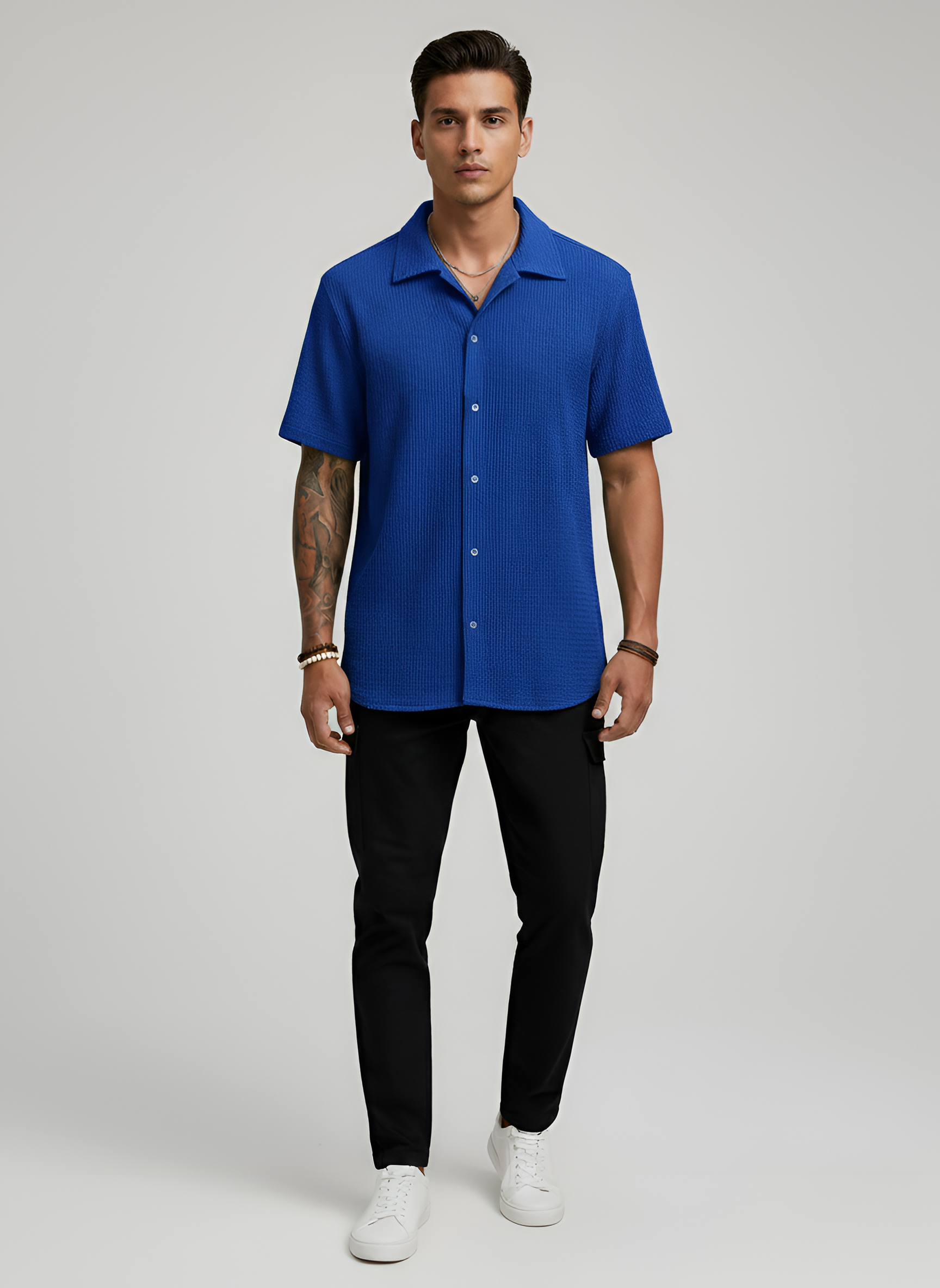 Men's Short-Sleeve Shirt with Eyelet Pattern and Button Closure, Summer Shirt