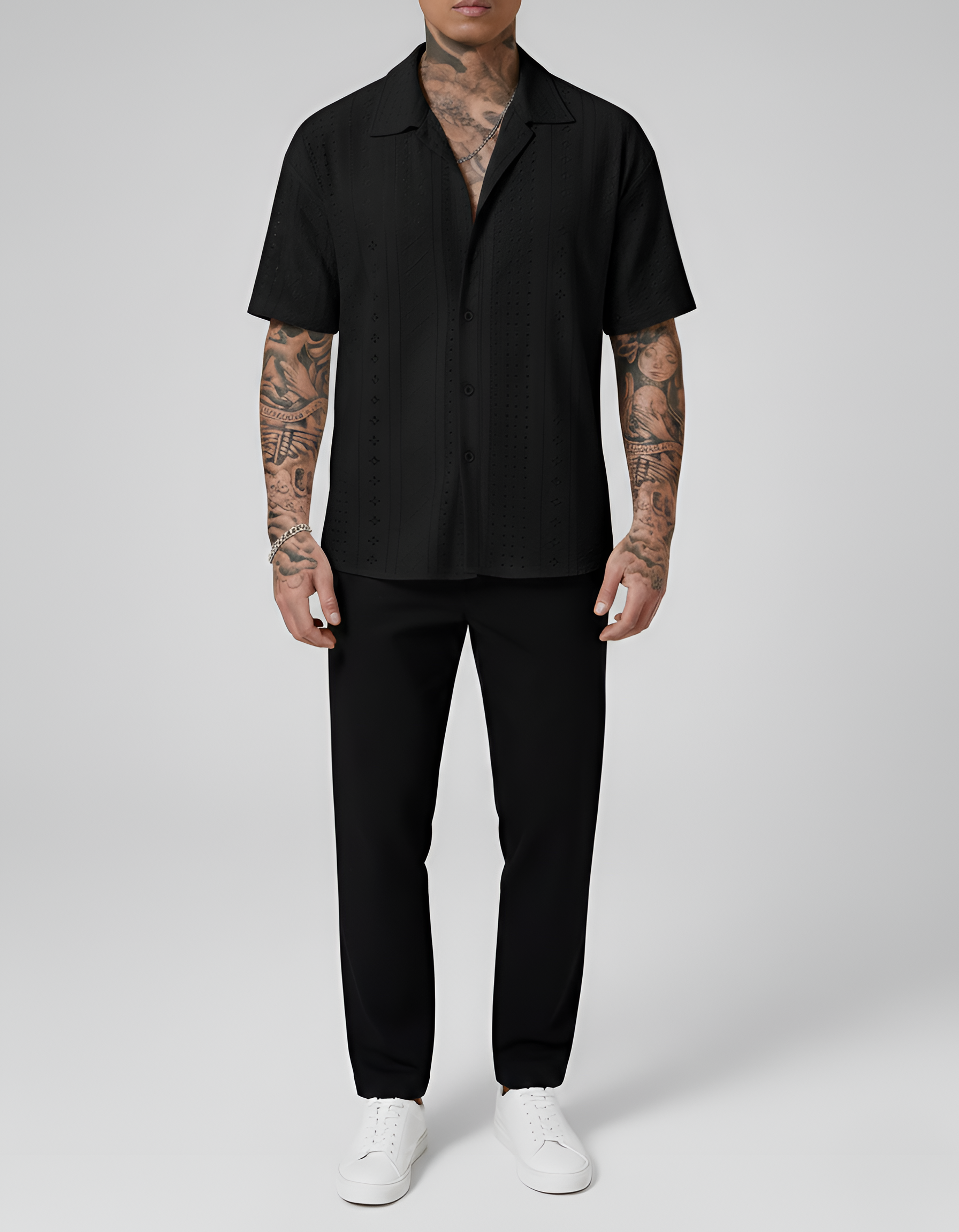 Men's Short-Sleeve Shirt with Eyelet Pattern and Button Closure, Summer Shirt