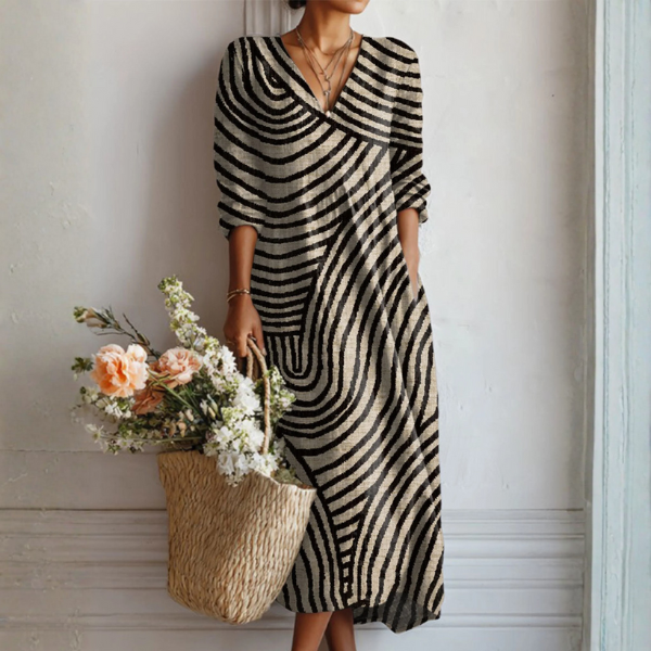 Boho Midi Kjole i Hørlook med Print til Dame