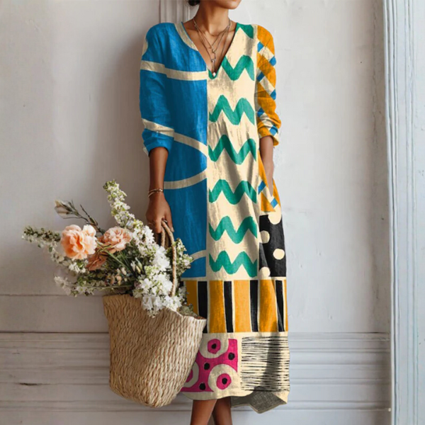 Boho Midi Kjole i Hørlook med Print til Dame