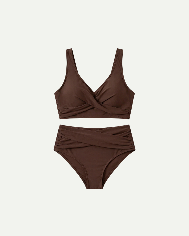 Brązowy bikini damskie wysoki stan push up kopertowa góra strój kąpielowy