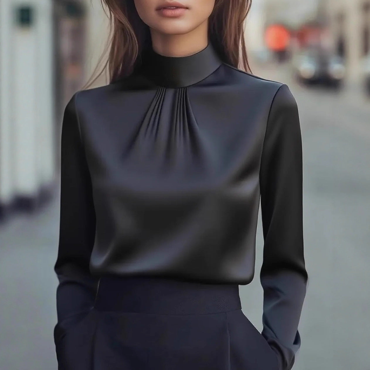 Plisovaná halenka s vysokým límcem pro ženy – elegantní formální pohodlí