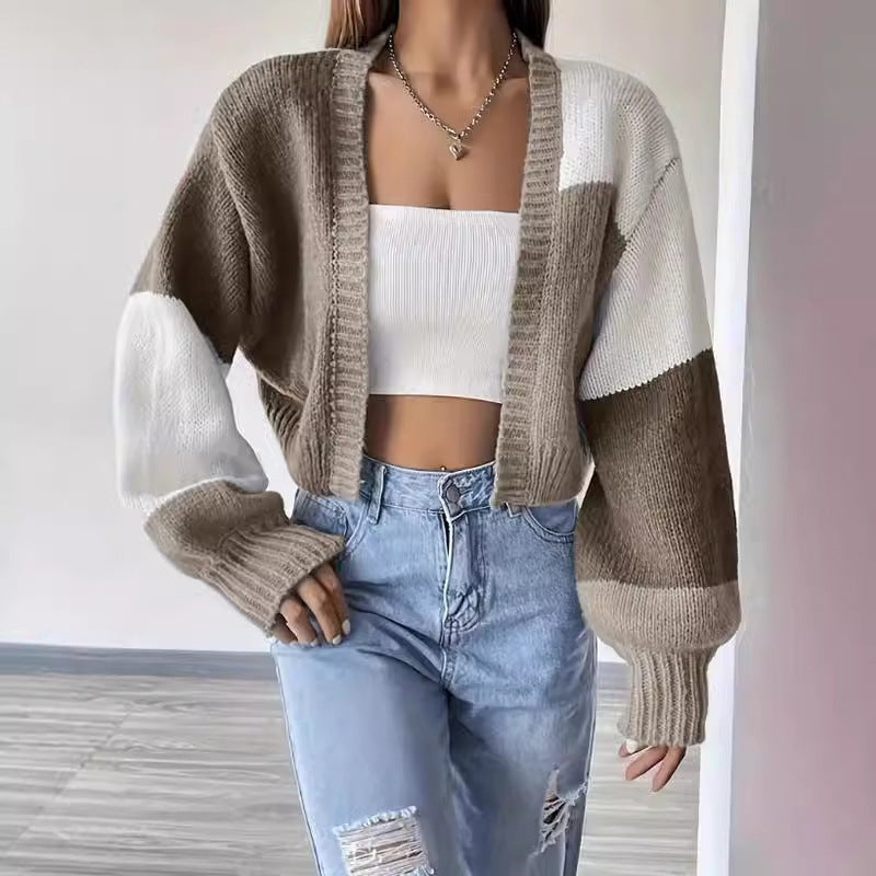 Cropped Colour Block Cardigan til Kvinder