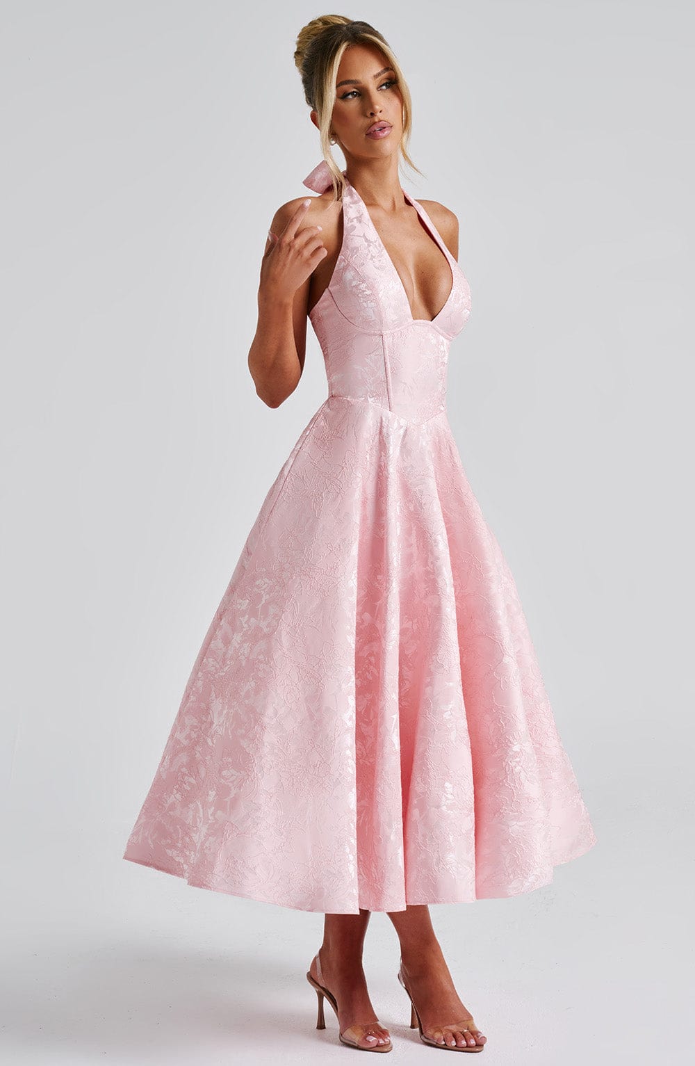 Women’s Wedding Guest Elegant Flared Halter Neck Midi Dress