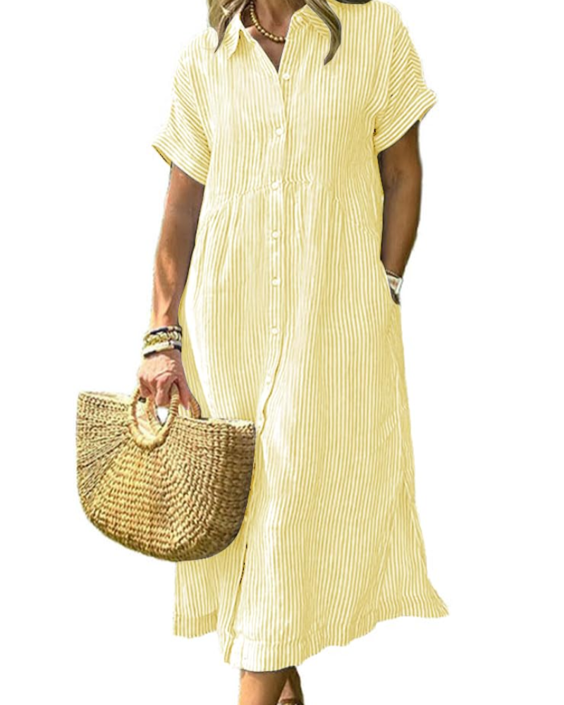 Stribet Midi Skjortekjole med Knaplukning