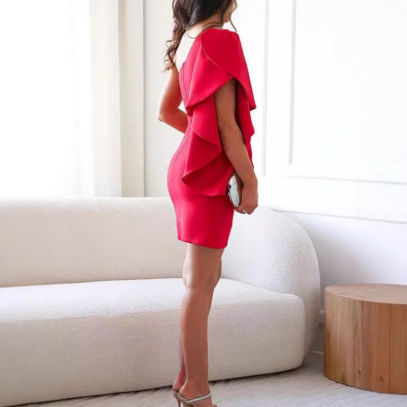 Leah - Women's Cocktail Dress with One Shoulder and Ruffled Sleeves