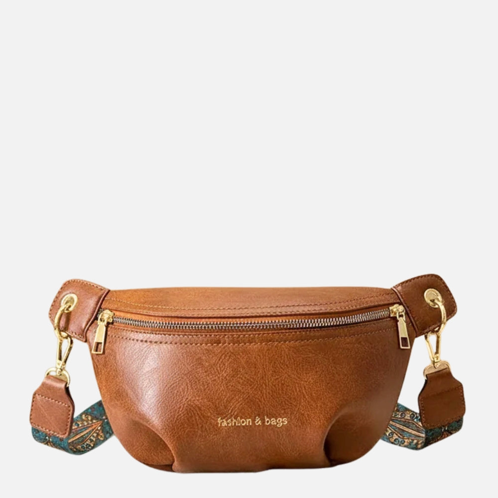 Læder-bæltetaske med Bredt Broderet Crossbody-rem
