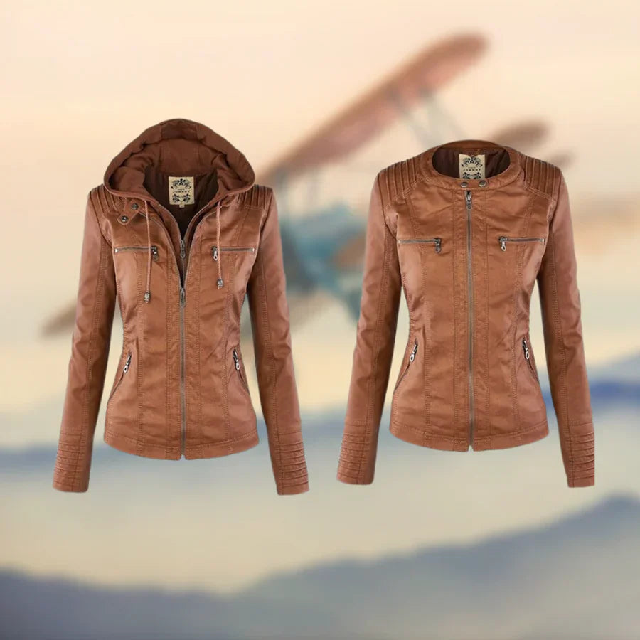 Lederjacke Damen | Abnehmbare Kapuze & Taillierter Zip-Schnitt