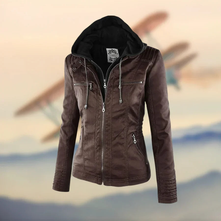 Lederjacke Damen | Abnehmbare Kapuze & Taillierter Zip-Schnitt