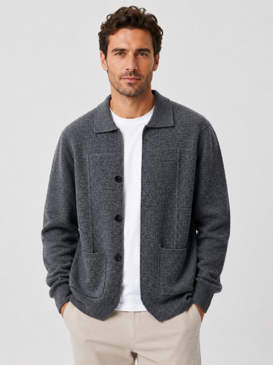 Strikket Cardigan til Mænd med Krave og Lommer