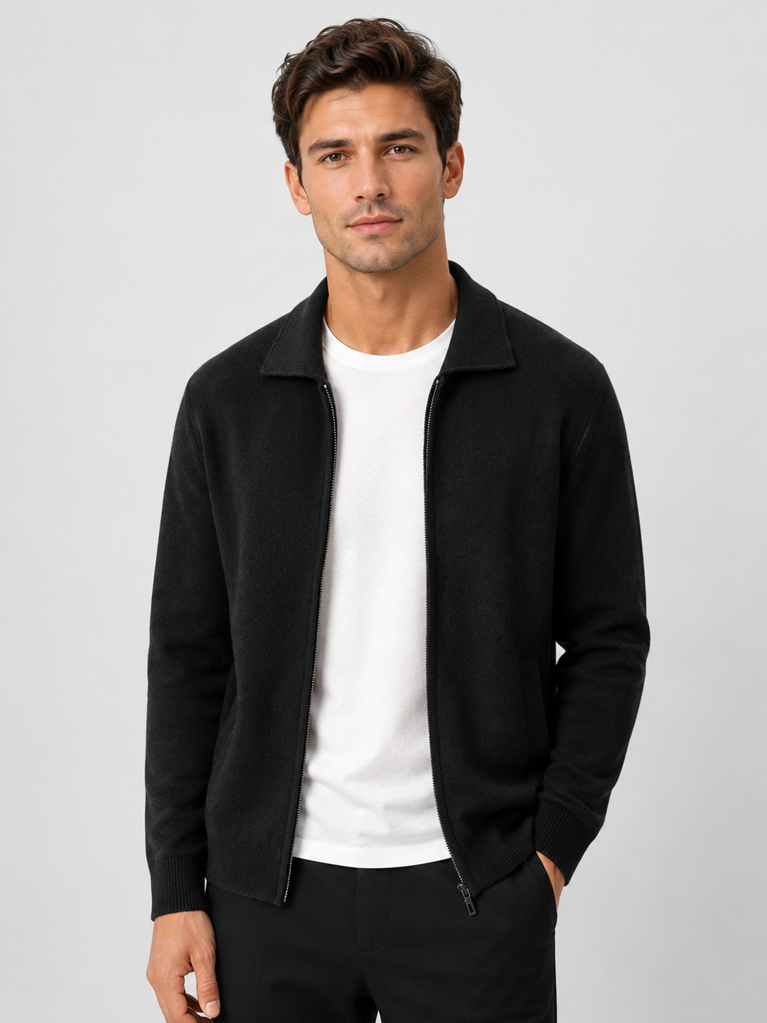 Cardigan en maille pour hommes zippé à col polo