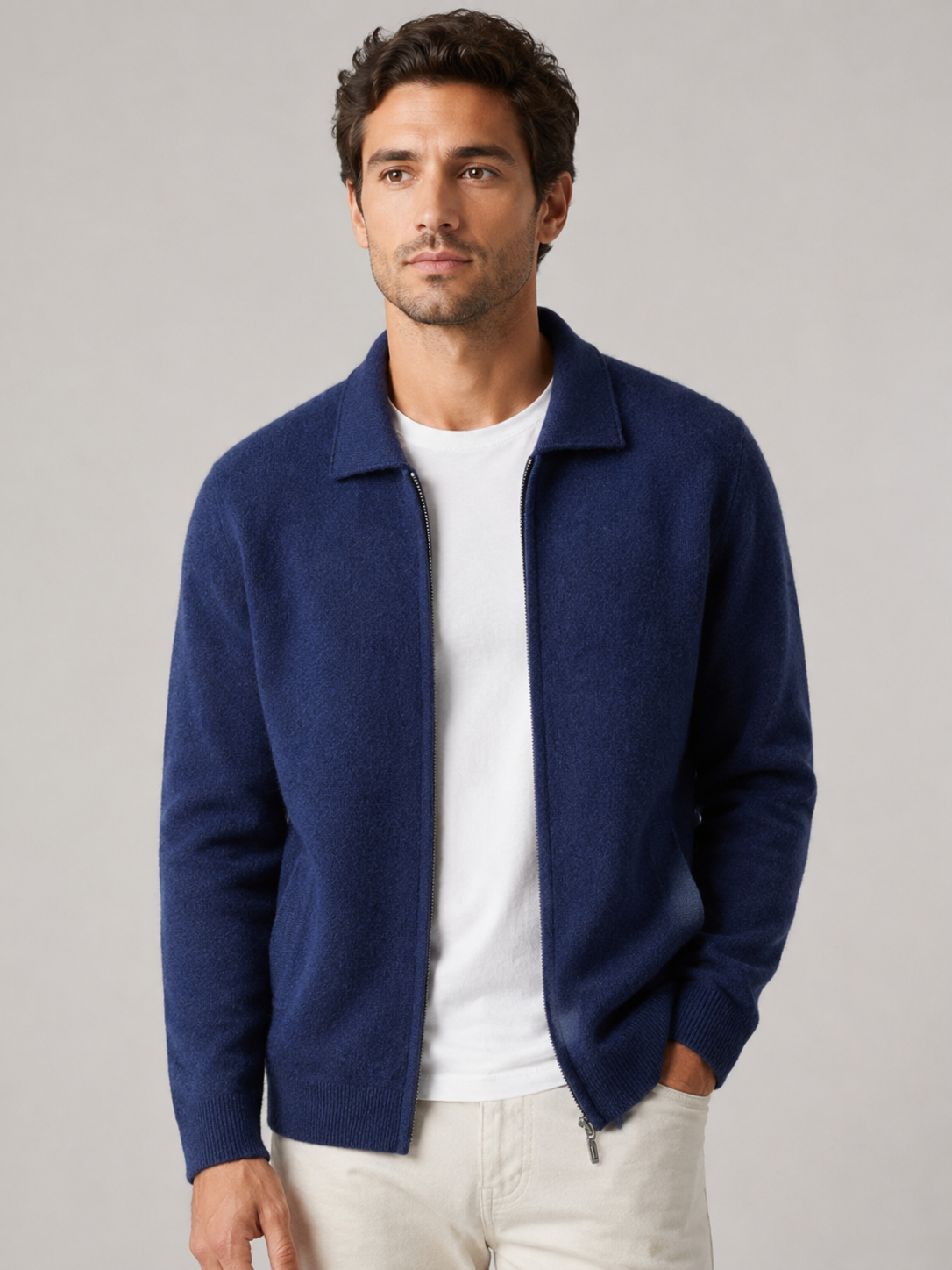 Cardigan en maille pour hommes zippé à col polo
