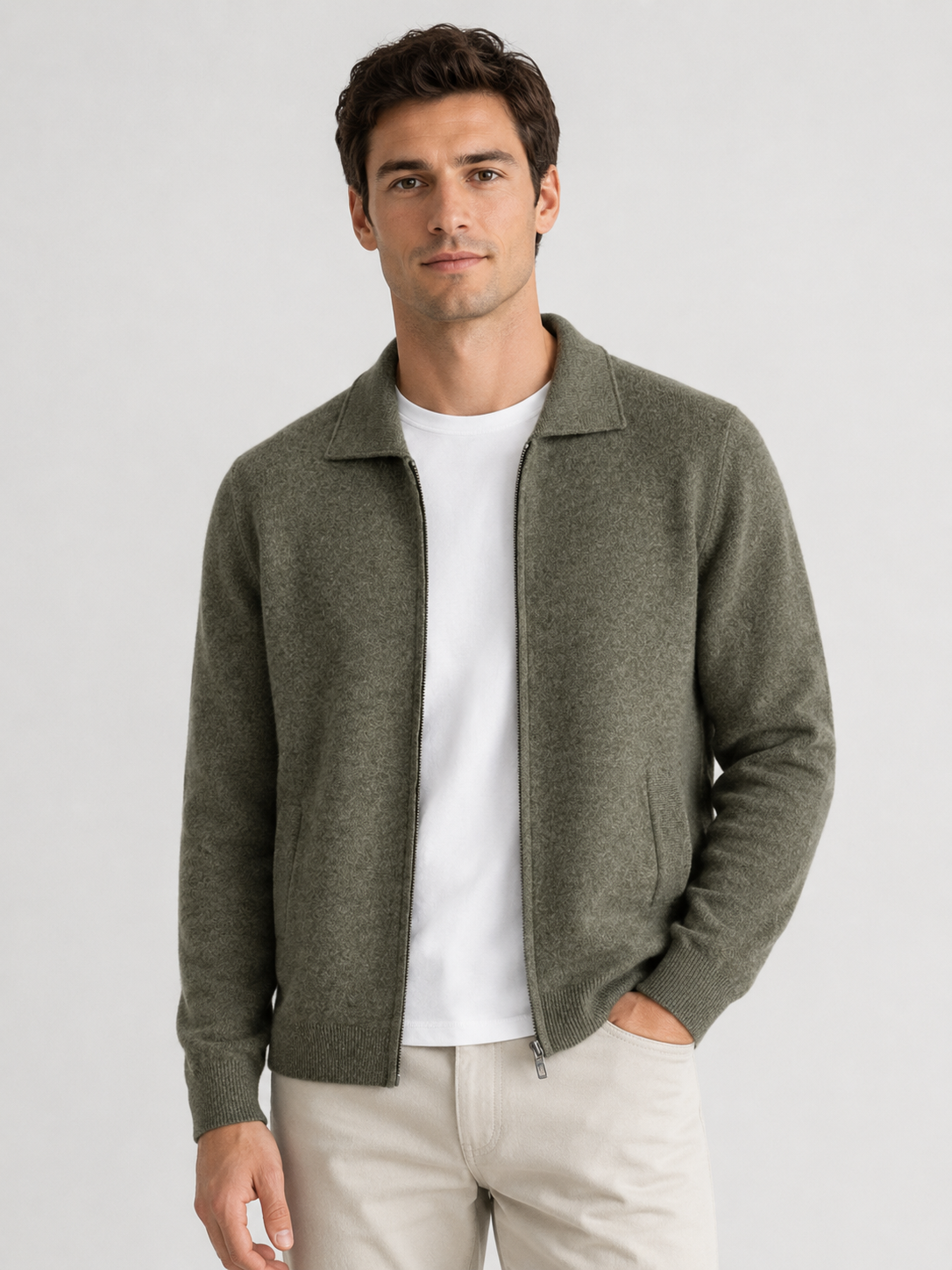 Cardigan en maille pour hommes zippé à col polo