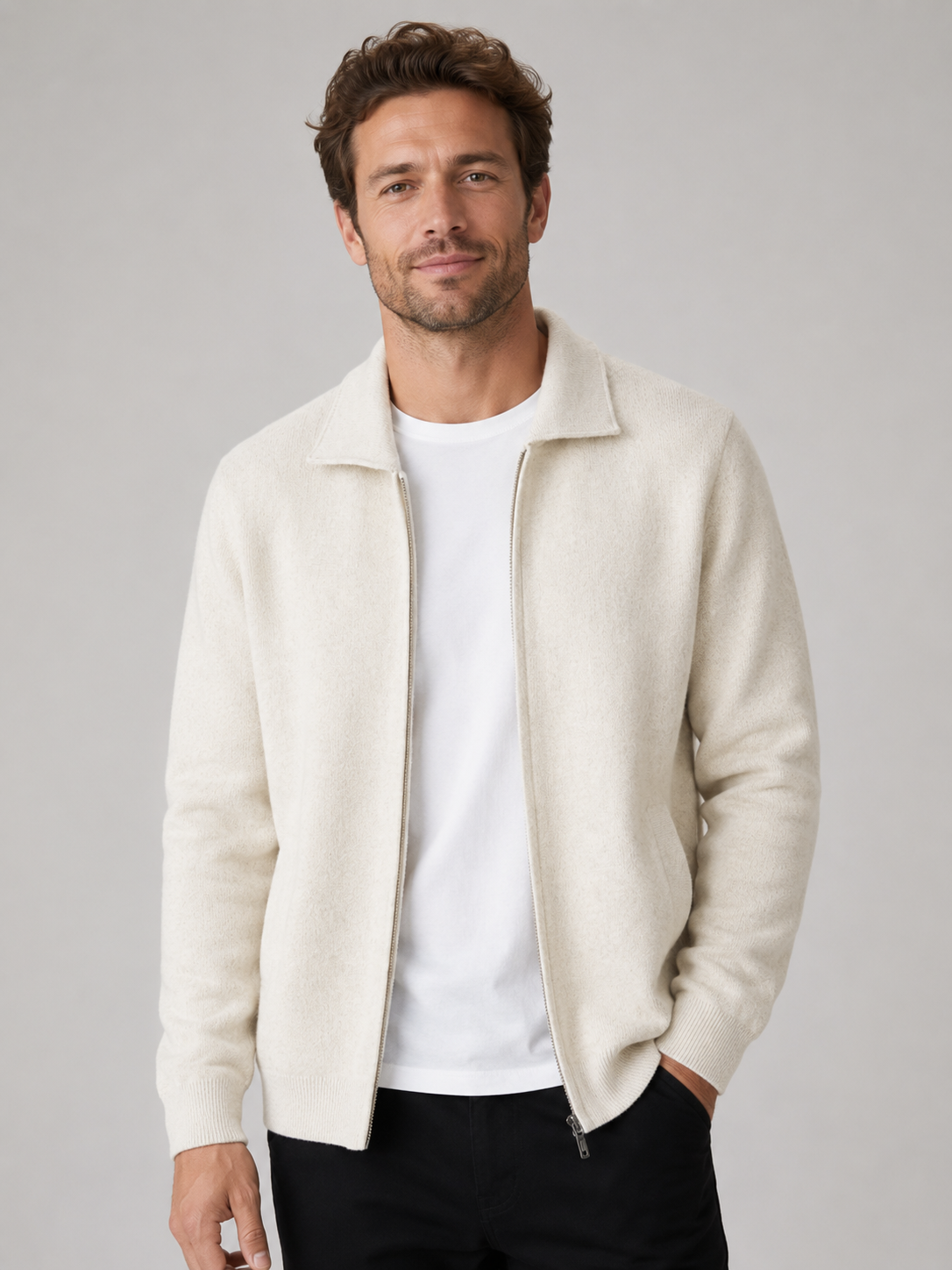 Cardigan en maille pour hommes zippé à col polo