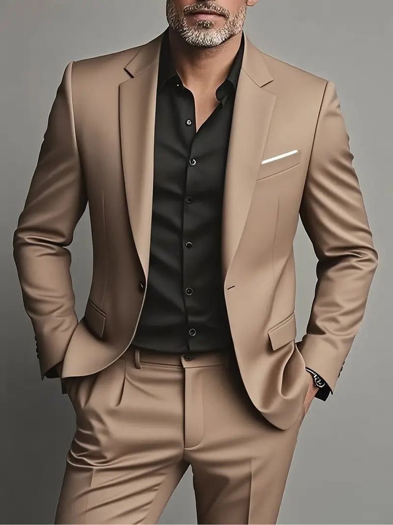 Slim fit oblek pro muže | 2dílná sada s jednoručákem a odpovídajícími společenskými kalhotami na párty a formální příležitosti