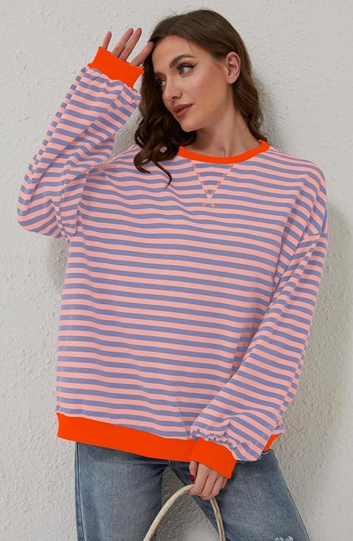 Oversized Stribet Sweatshirt til Kvinder med Kontrastkanter