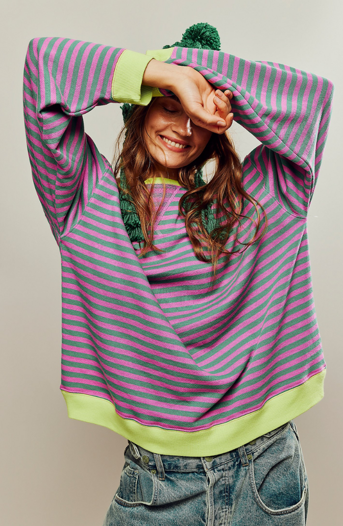 Oversized Stribet Sweatshirt til Kvinder med Kontrastkanter