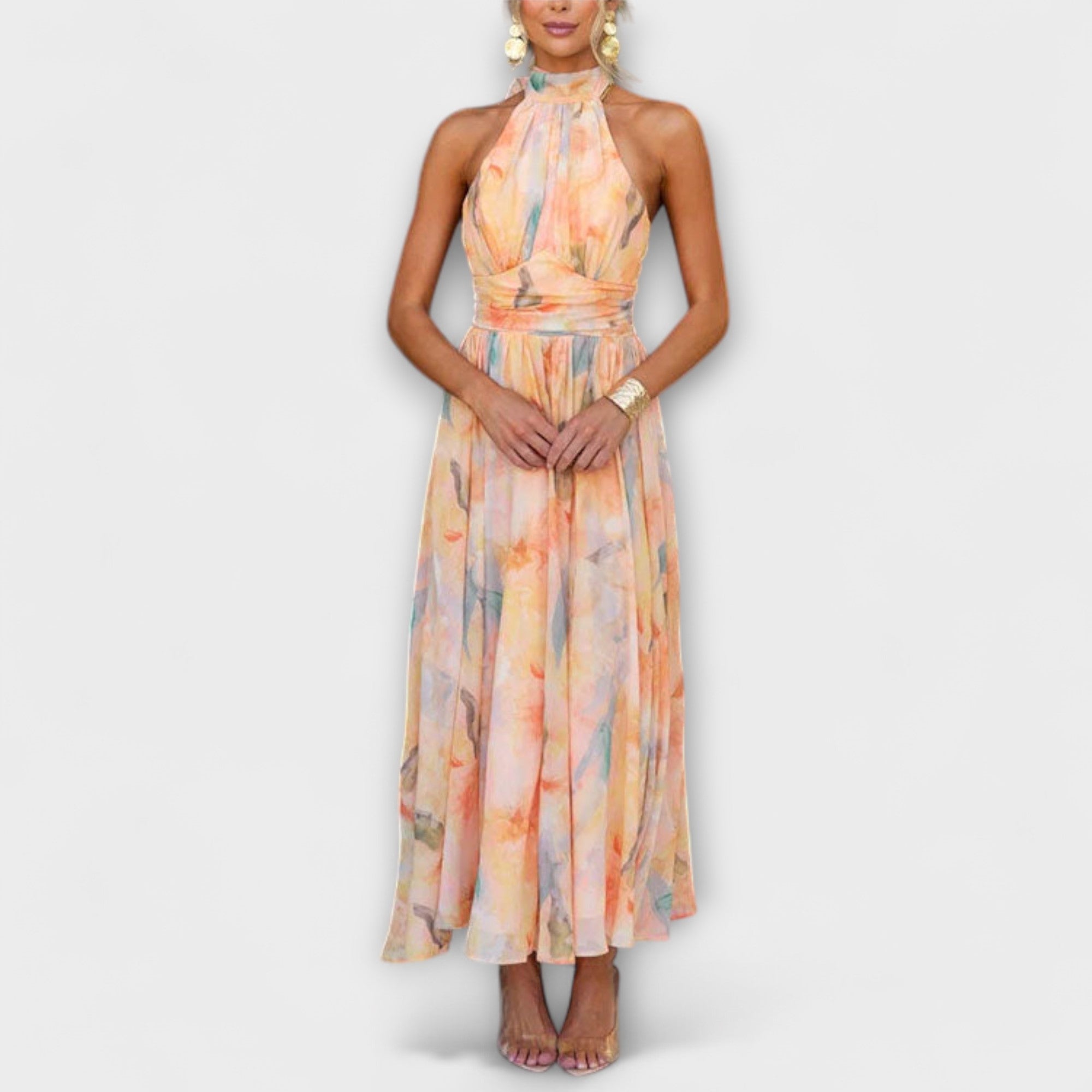 Elegant Halterneck Maxikjole til Dame – Let Blomstret Sommerkjole med Flydende Pasform