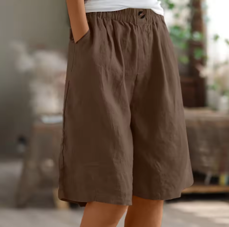Afslappede Hørshorts til Dame med Elastisk Talje og Sidelommer