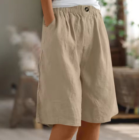 Afslappede Hørshorts til Dame med Elastisk Talje og Sidelommer