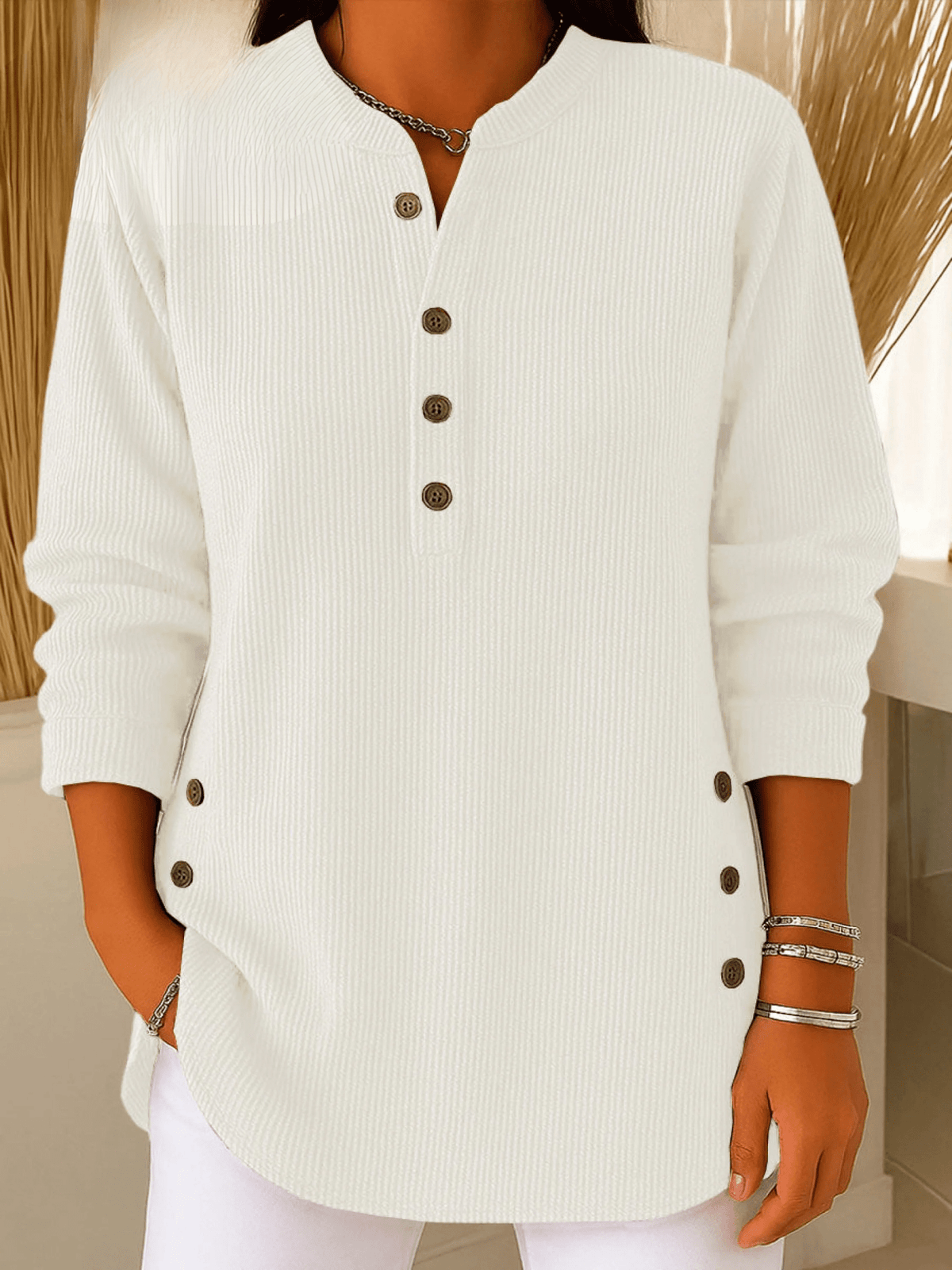 Ribstrikket Tunika til Kvinder med Henley-Hals og Knapdetaljer