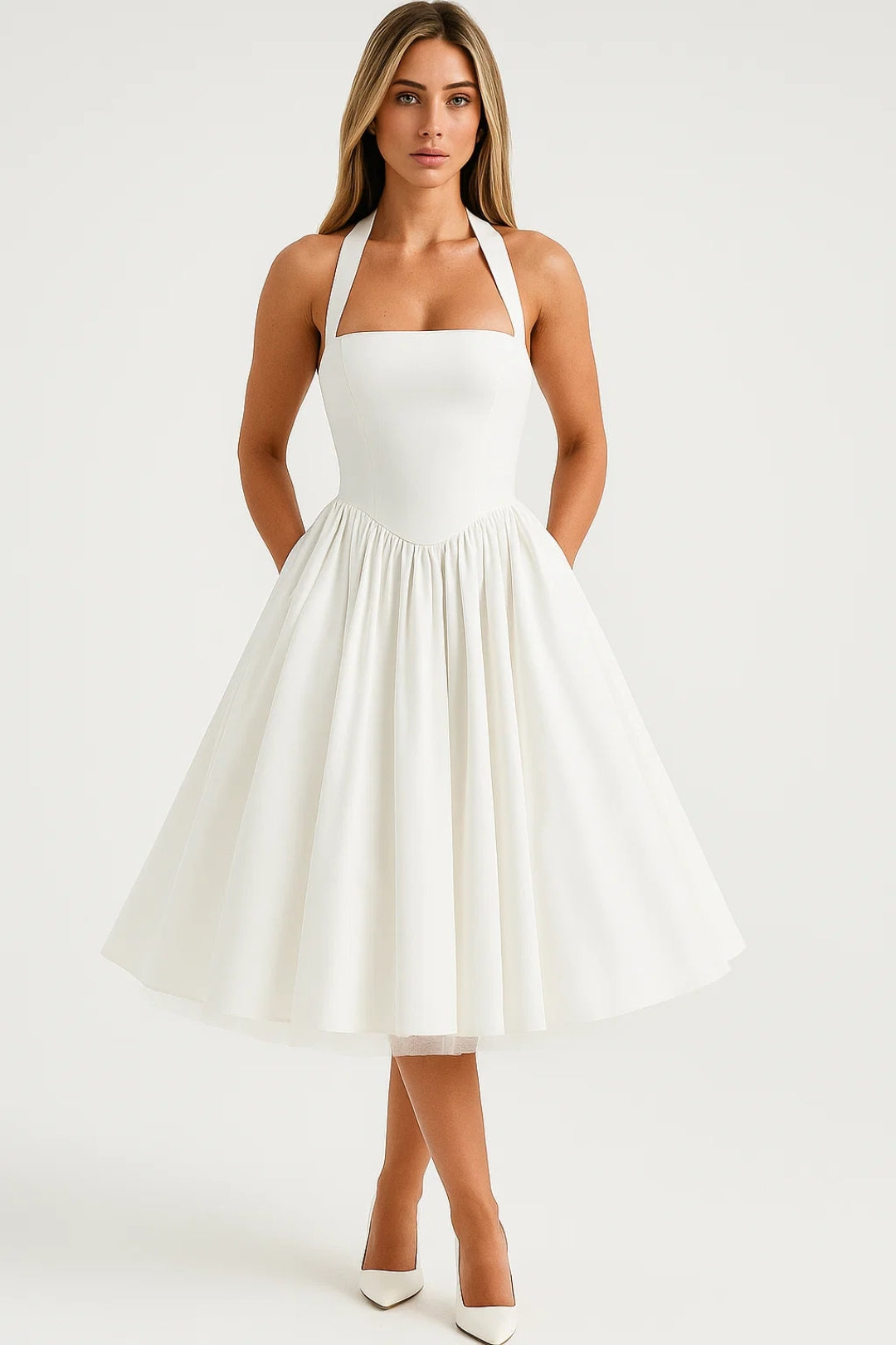Dame Midi-kjole - Halter Nøgen Ryg Fyldig Nederdel | Bryllup