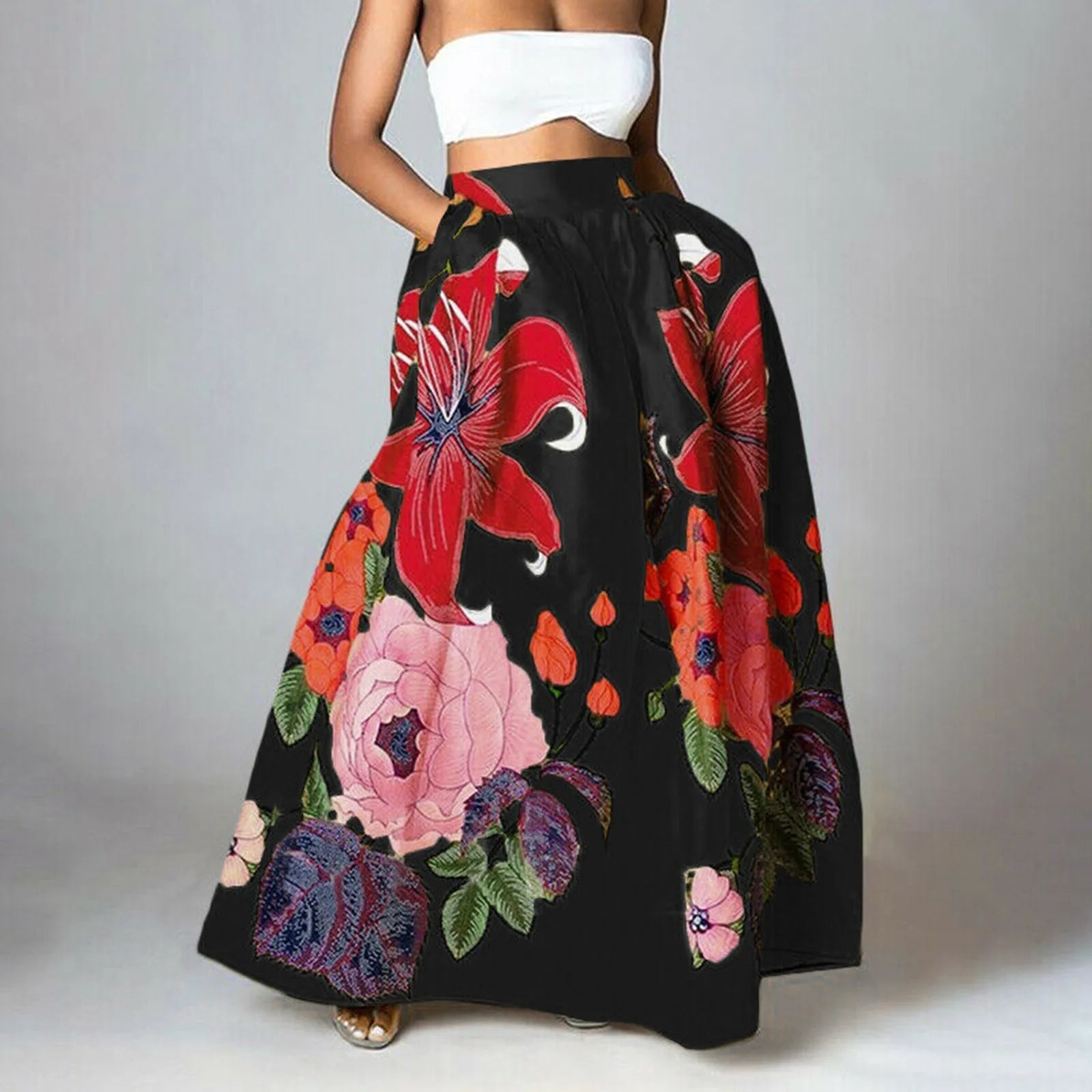 Saia maxi elegante de cintura alta com estampado floral para mulher