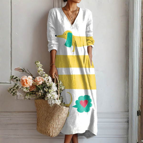 Boho Midi Kjole i Hørlook med Print til Dame