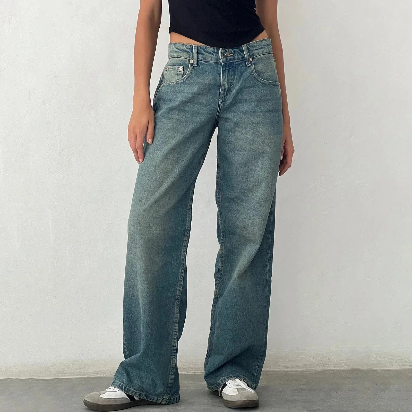 Jeans baggy de tiro bajo y pierna ancha para mujer | Pantalones de mezclilla vintage con ajuste suelto y estilo streetwear | Calidad resistente